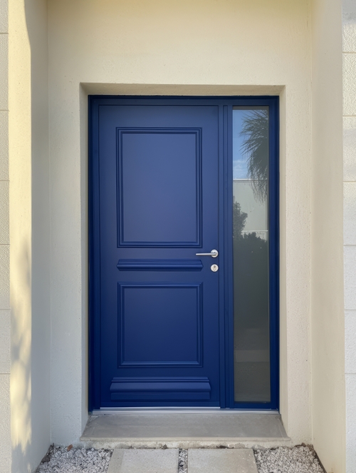 Синяя дверь со стеклом сбоку